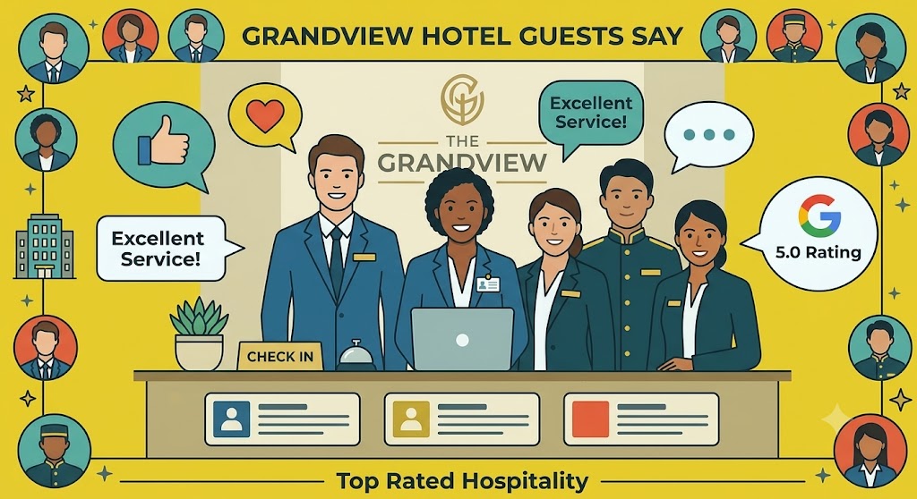 Illustration of a hotel front-desk team surrounded by guest review bubbles saying Excellent Service and a 5.0 Google rating